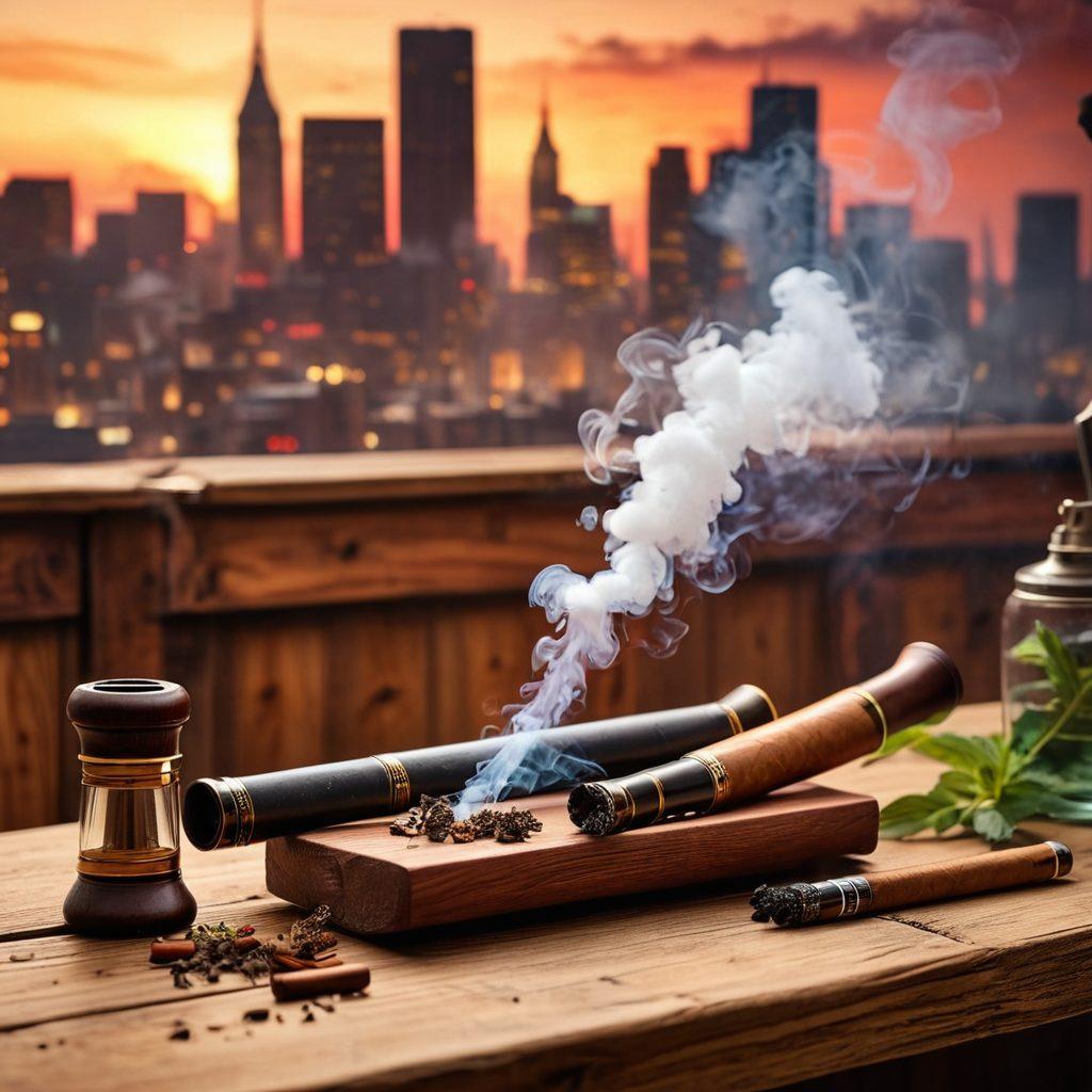 A detailed and artistic representation of a diverse array of smoking devices, including traditional pipes, modern vapes, and cigars, laid out on a rustic wooden table. Surrounding them are scattered notes with price tags, reviews, and alternative options, highlighting a variety of herbs and flavors. The background features a soft-focus silhouette of a city skyline, symbolizing the urban smoking culture. The overall setting should feel inviting and knowledgeable. vibrant colors. super-realistic. soft background.