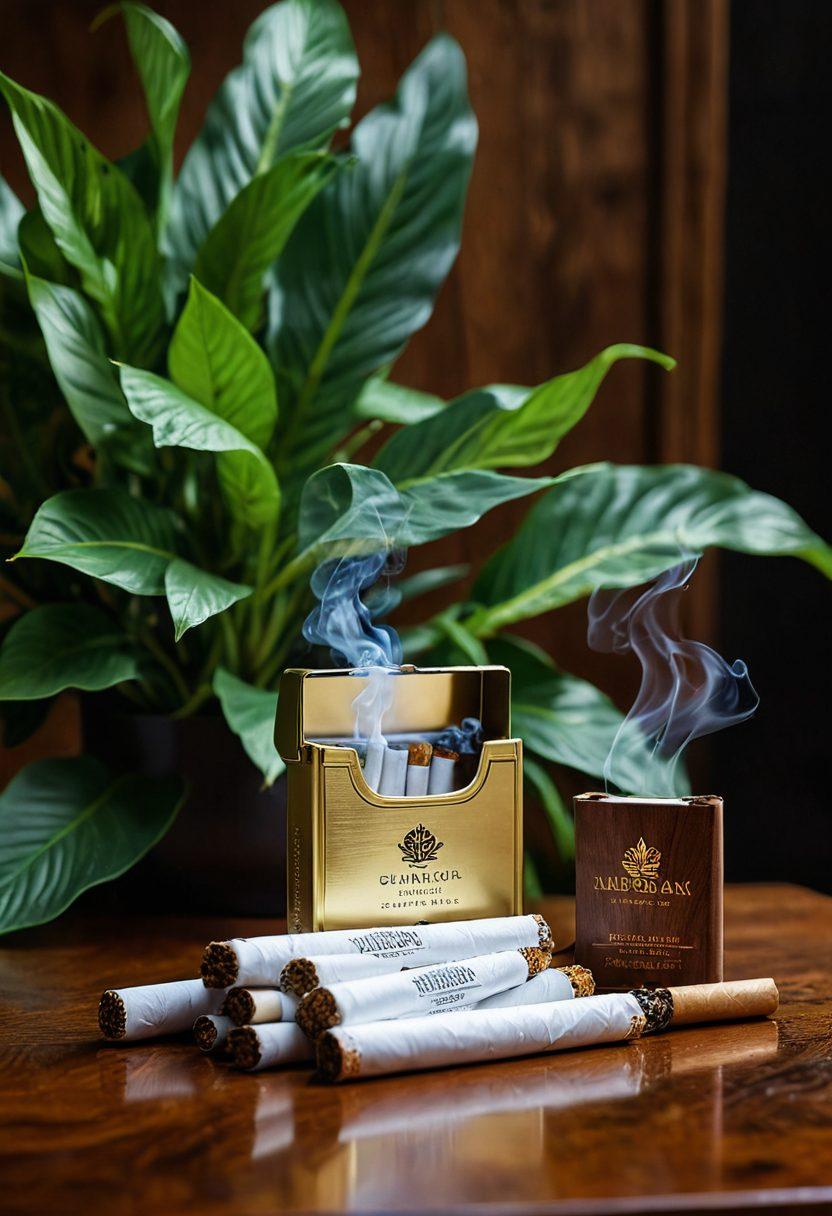 An elegant display of premium cigarette packs artfully arranged on a polished wooden table, with a backdrop of lush green plants symbolizing healthier alternatives. Incorporate a subtle smoke effect curling upwards, creating an atmosphere of sophistication and relaxation. Include a lighted cigar resting beside the packs to signify luxury choices. The lighting should be warm and inviting, enhancing the rich colors of the packs. surrealism. vibrant colors. soft focus.
