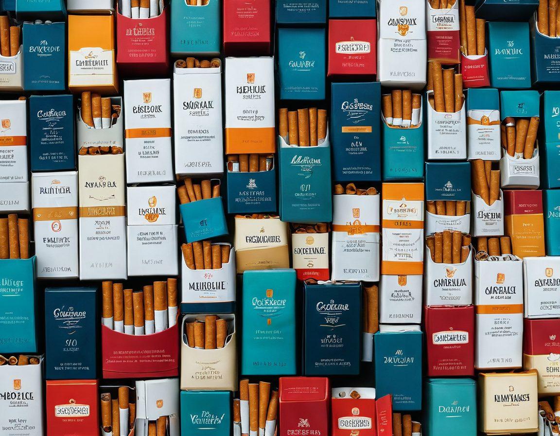 A visually striking display of various cigarette packs arranged in a gradient from classic to modern designs, showcasing vintage packaging alongside sleek, contemporary styles. Include elements of smoke gracefully swirling around the packs to signify the transition from traditional to cutting-edge. The background should be softly blurred to emphasize the cigarettes as the main focus. Add subtle lighting effects to create a sophisticated ambiance. vibrant colors. 3D.
